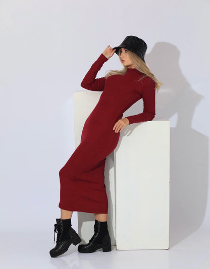 Slinky High Neck Midi Dress - Maroon