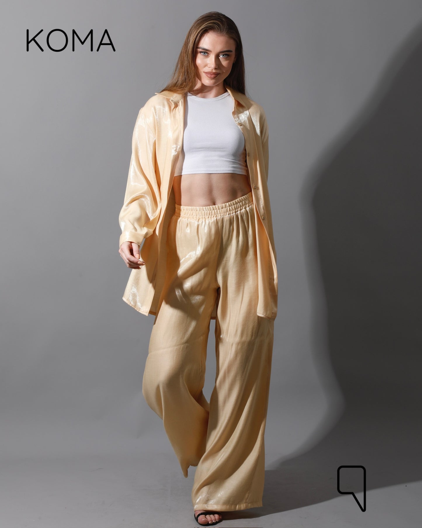 Shemer Long Shirt & Wide Leg Trousers Set - Beige