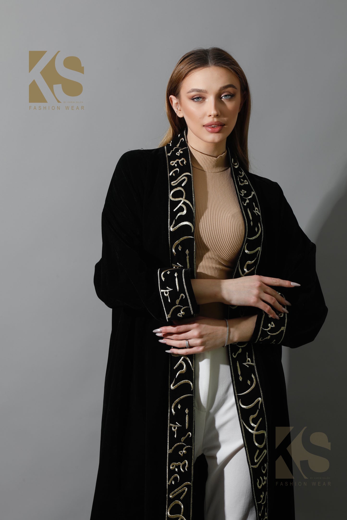 Arabic Letter Long Kaftan - Black & Gold