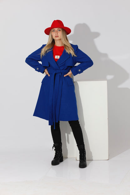 Woolen Wrapped Belted trench Coat - Electric Blue
