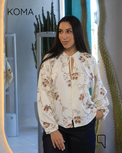 Elsie Rustic Textured Embroidered Blouse - Camel