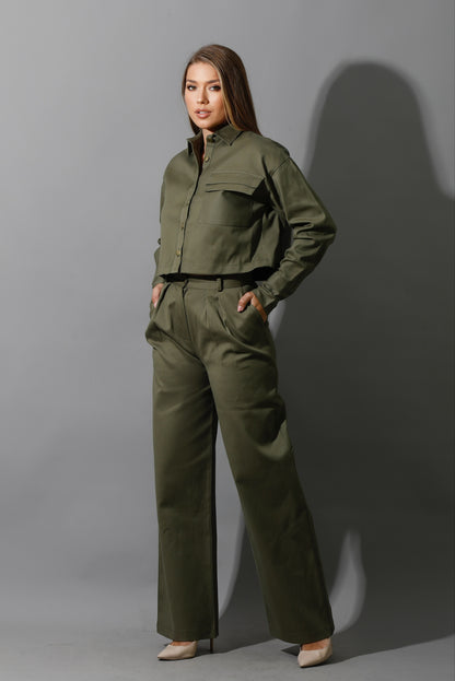 Co-ord Pleated Wide Leg Pants - Olive
