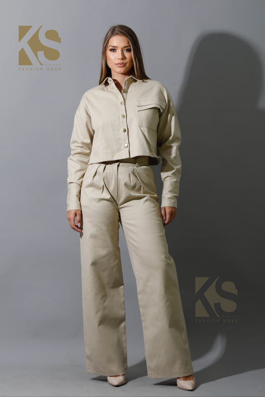 Co-ord Pleated Wide Leg Pants & Cropped Shirt - Beige