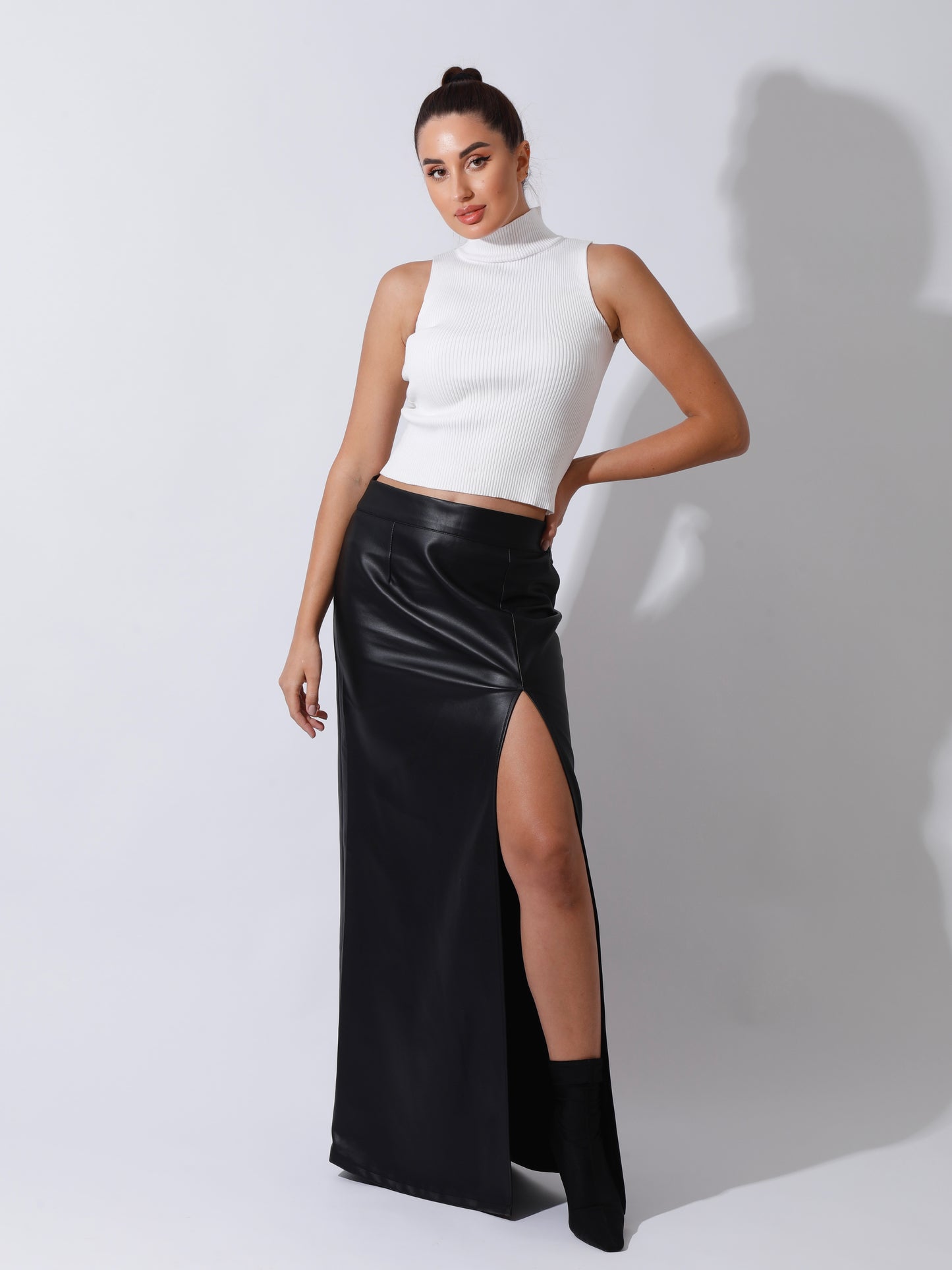 Leather Front Slit Skirt - Black