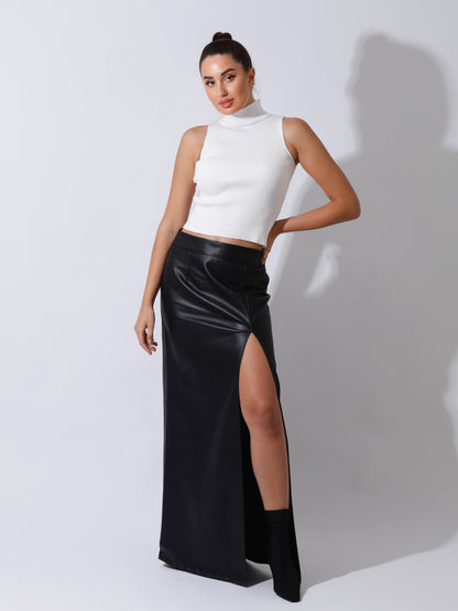 Leather Front Slit Skirt - Black