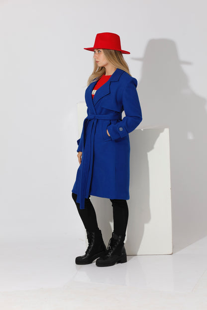 Woolen Wrapped Belted trench Coat - Electric Blue