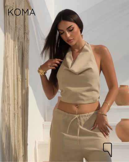 Ember Tied Up Top & Blend Trousers Set - Beige