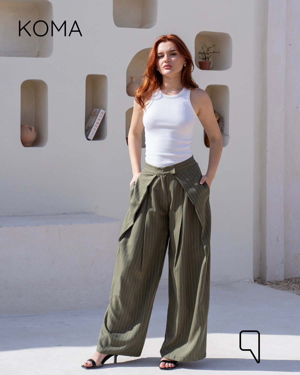 Stripped Double Pleated Trousers - Olive