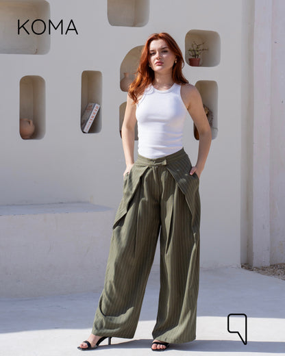 Stripped Double Pleated Trousers - Olive