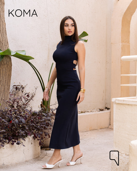 Naomi Halter Neck Midi Sleeveless Dress - Navy