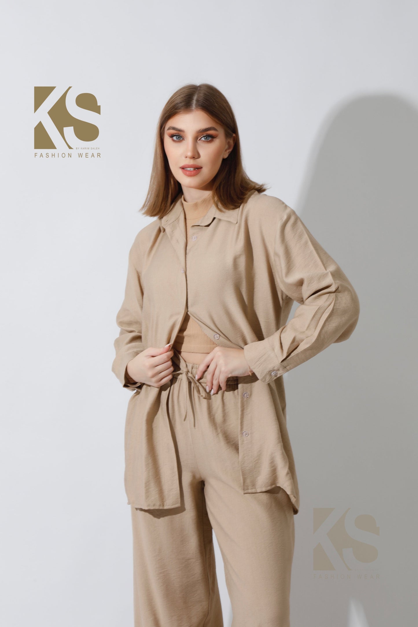 Wide Leg Trousers Set - Beige