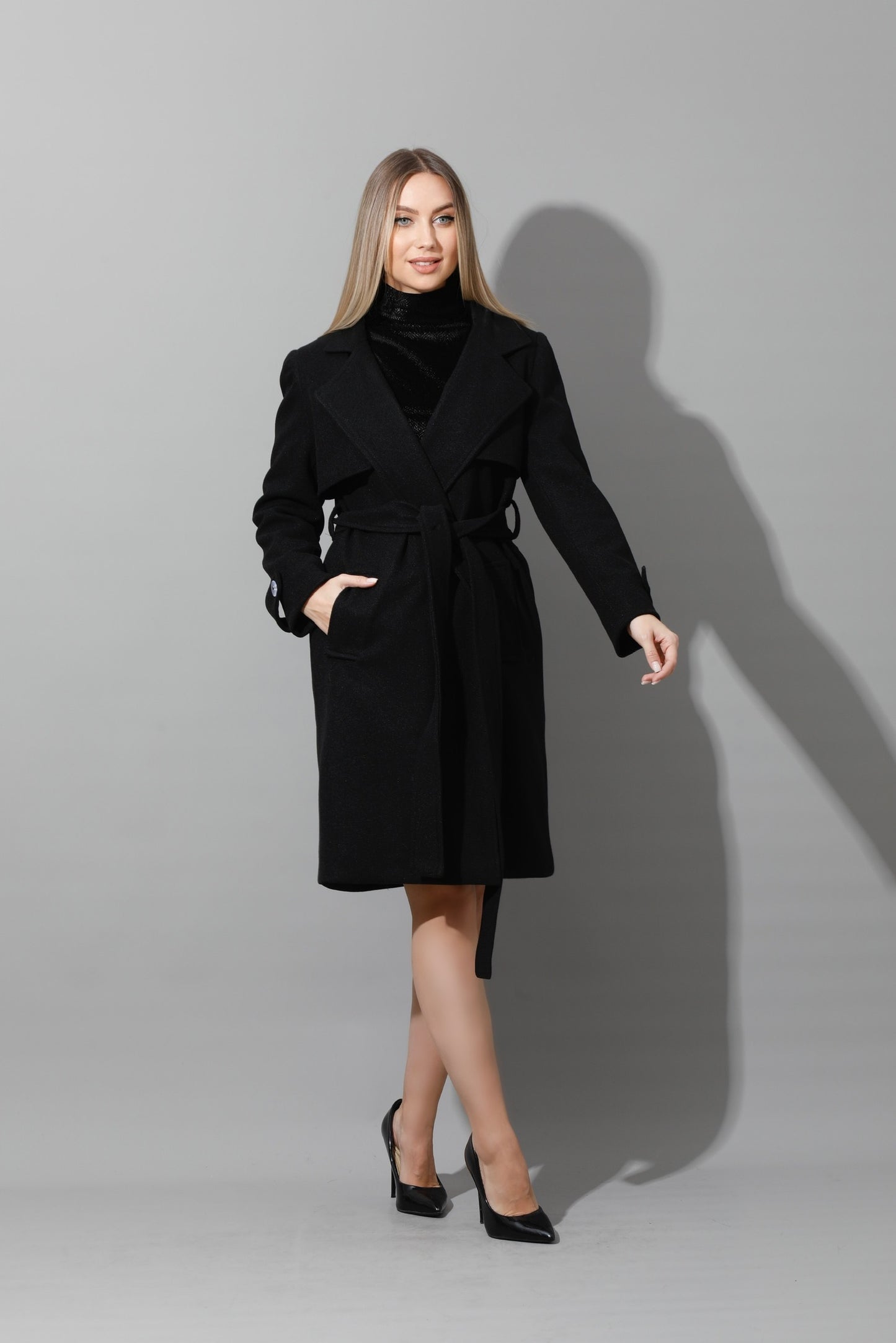 Woolen Wrapped Belted trench Coat - Black