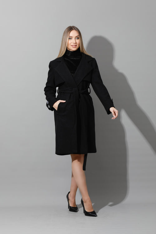 Woolen Wrapped Belted trench Coat - Black