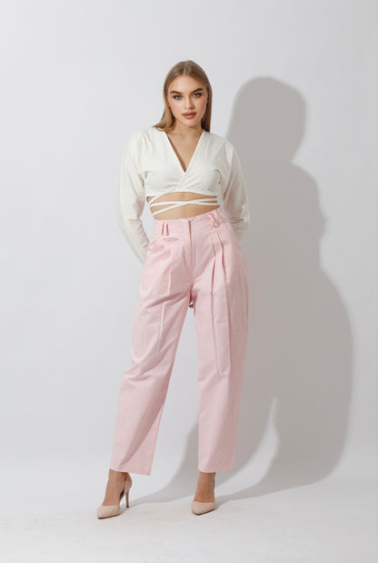 High Rise Paper-Bag Pants - Pink