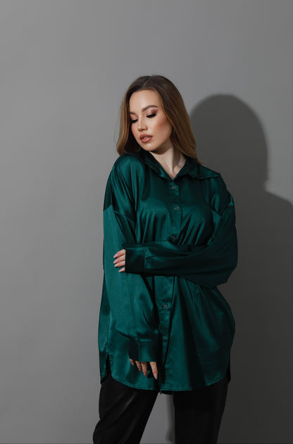 Oversized Satin Blouse - Dark Green