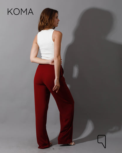 High Waist Straight Leg Trousers - Maroon