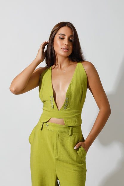 Co-Ord Front Slit Top & Trousers - kiwi Green