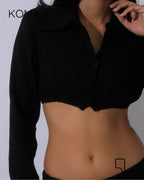Greta Crincle Cropped Shirt & Skirt Set - Black