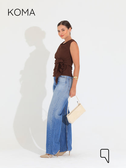 Paula Tied Up Cut Top  - Brown