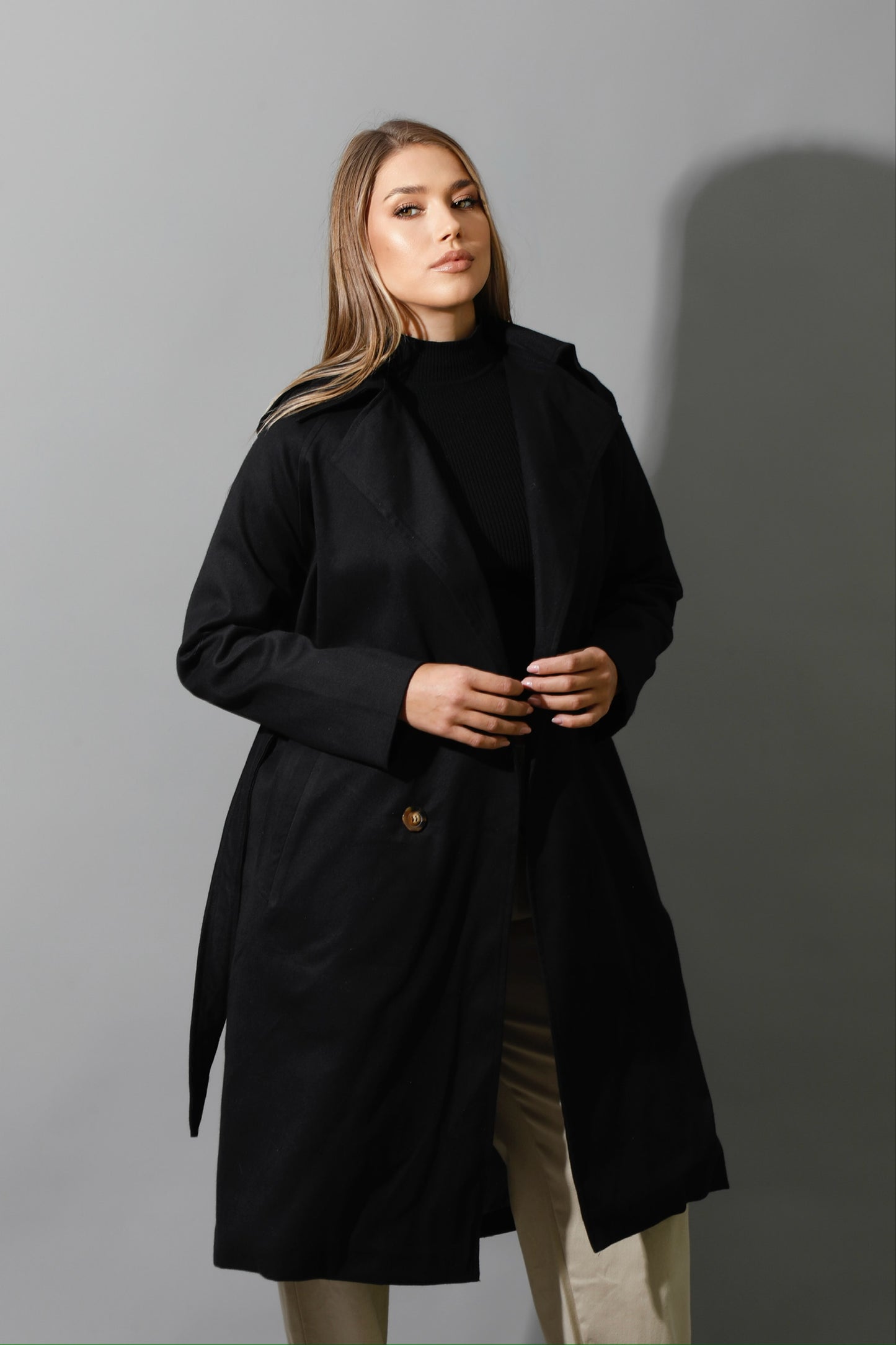 Wrapped Belted Trench Coat - Black
