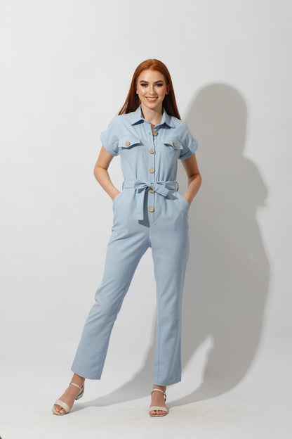 Buttons Jeans Jumpsuit - Light Blue