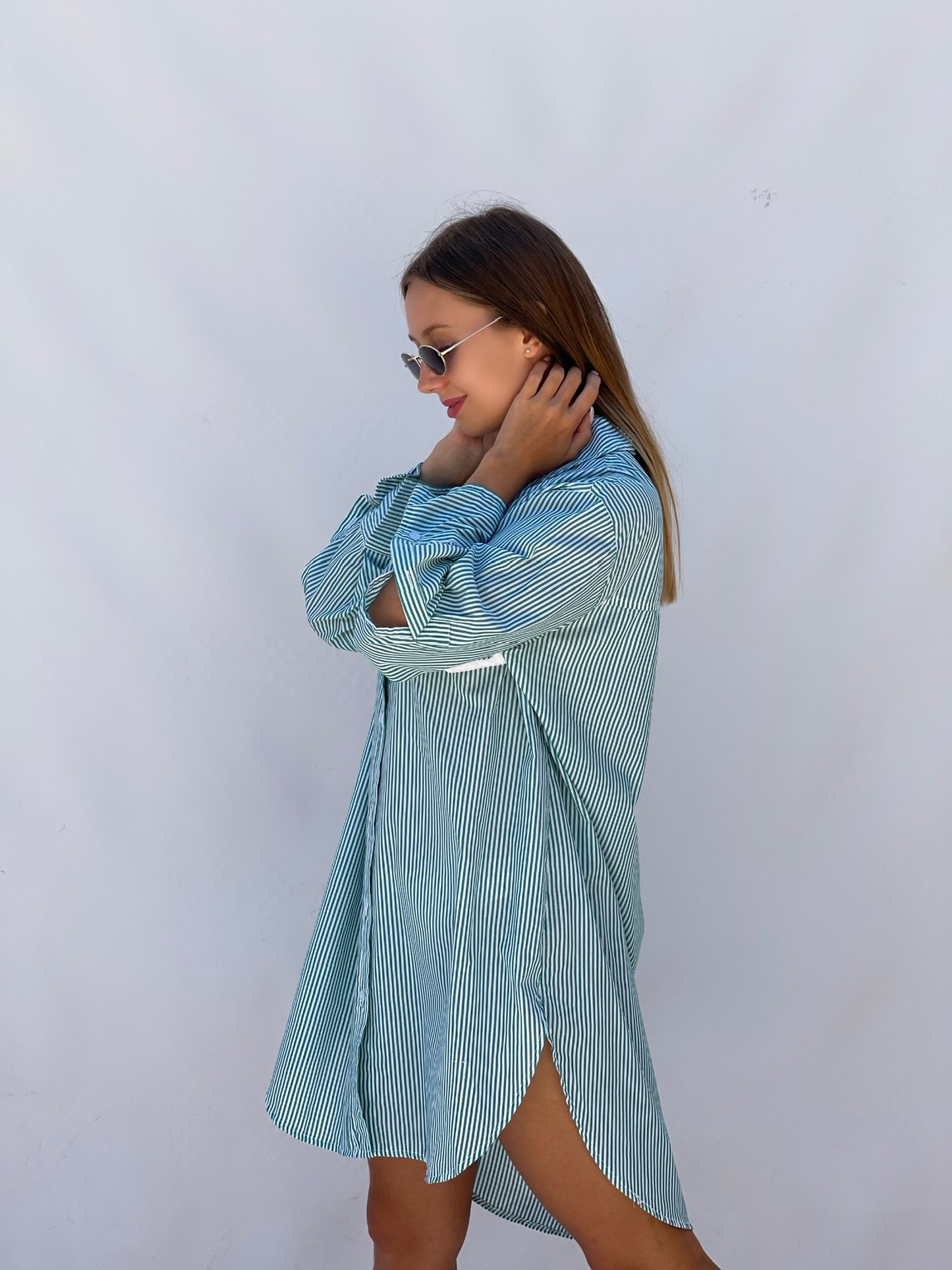 Oversized Striped Shirt Dress - Striped Green