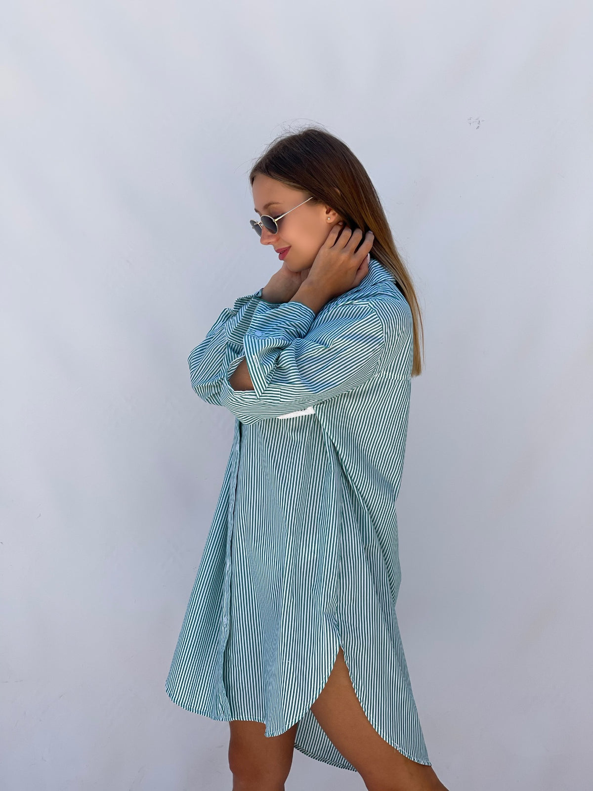 Oversized Striped Shirt Dress - Striped Green