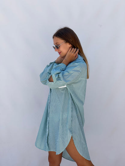 Oversized Striped Shirt Dress - Striped Green