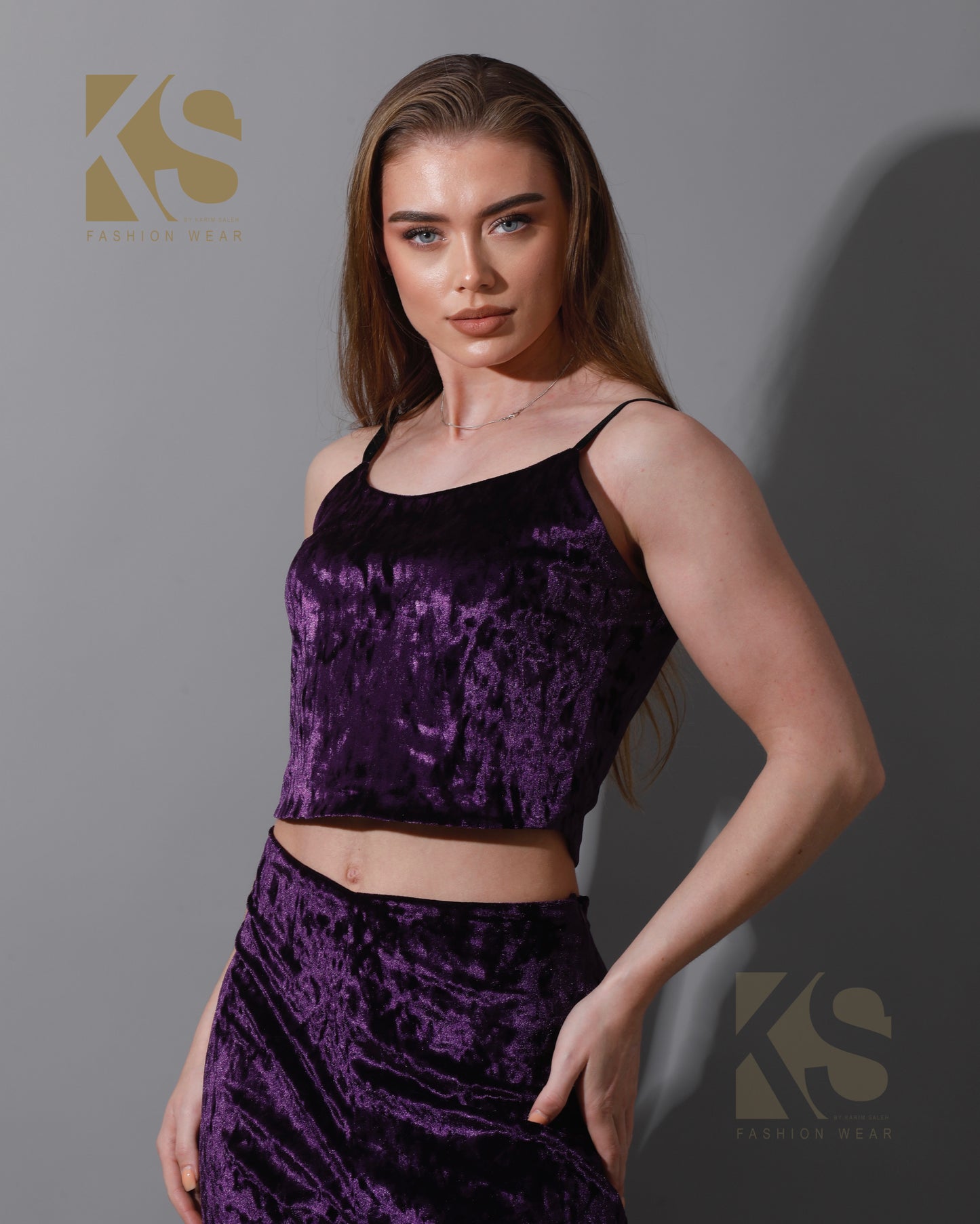 Velvet Crop Top & Bootcut Trousers Set - Purple