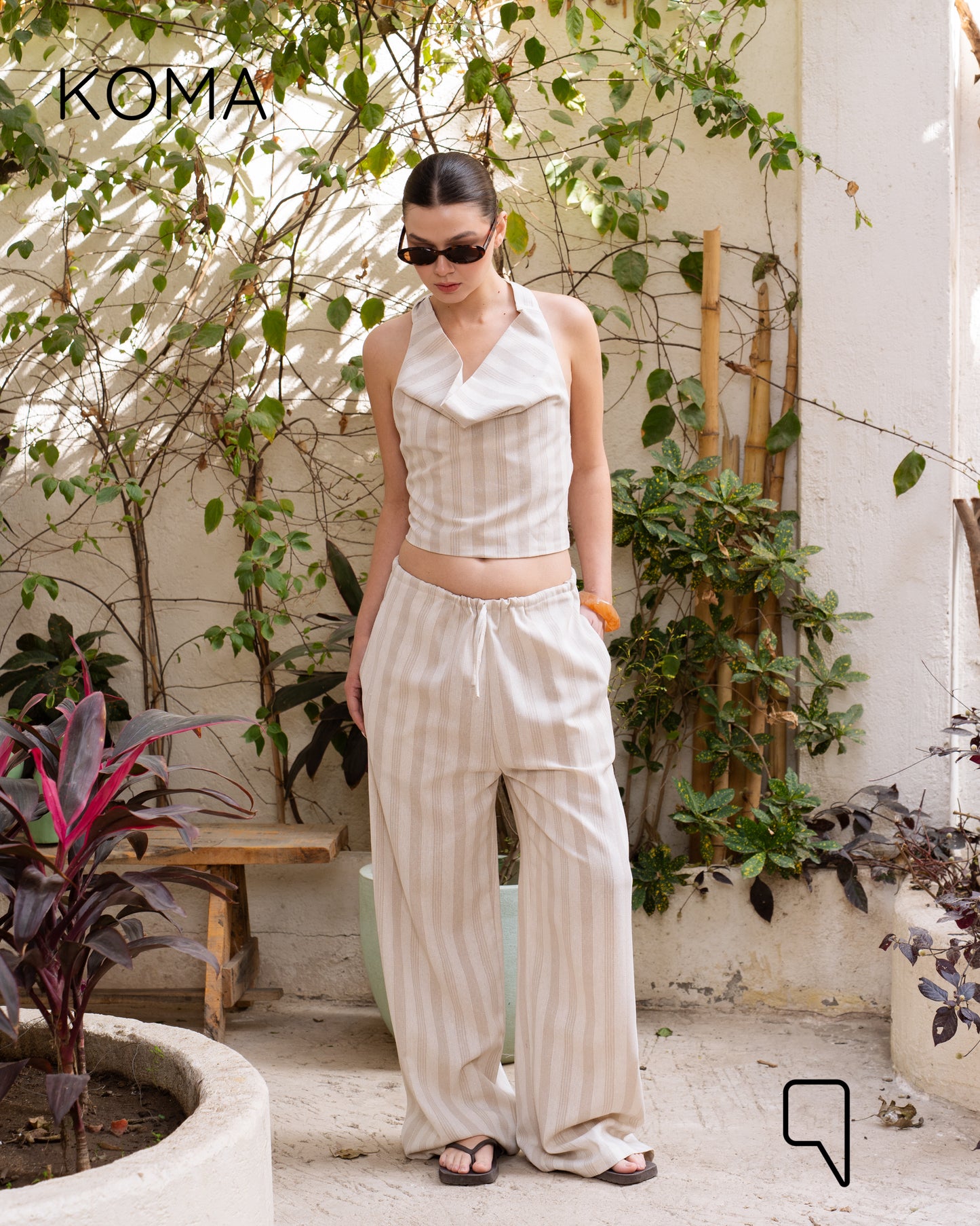 Ember Striped Tied Up Top & Blend Trousers Set - Beige