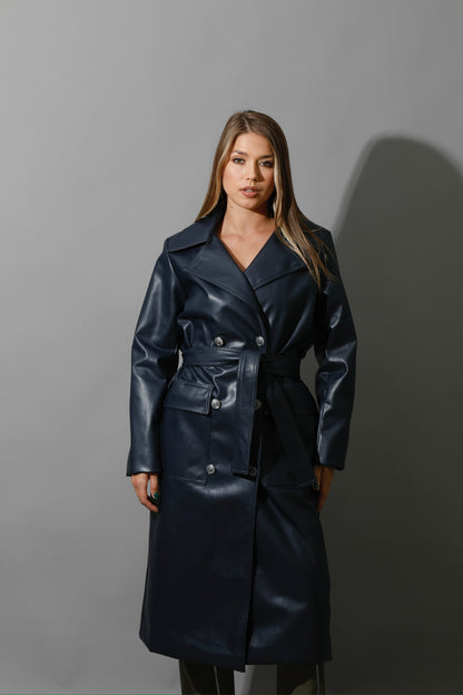 Textured Leather Coat - Navy