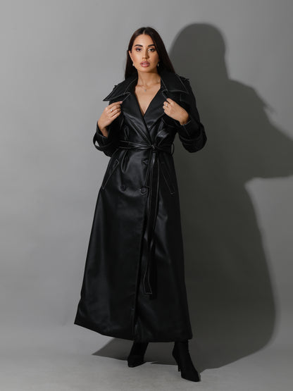 Leather Trench Coat With White Stitch - Black