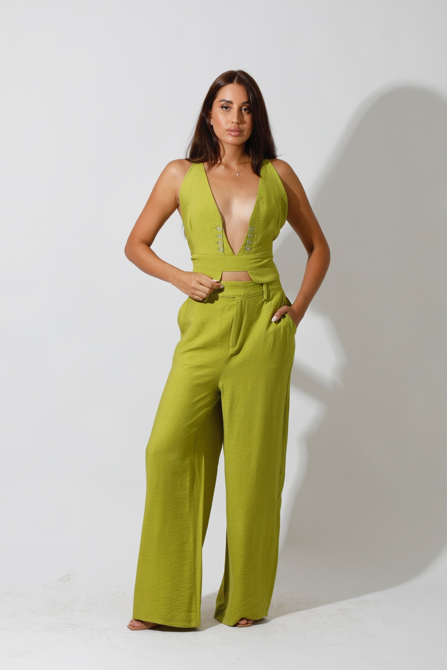 Co-Ord Front Slit Top & Trousers - kiwi Green