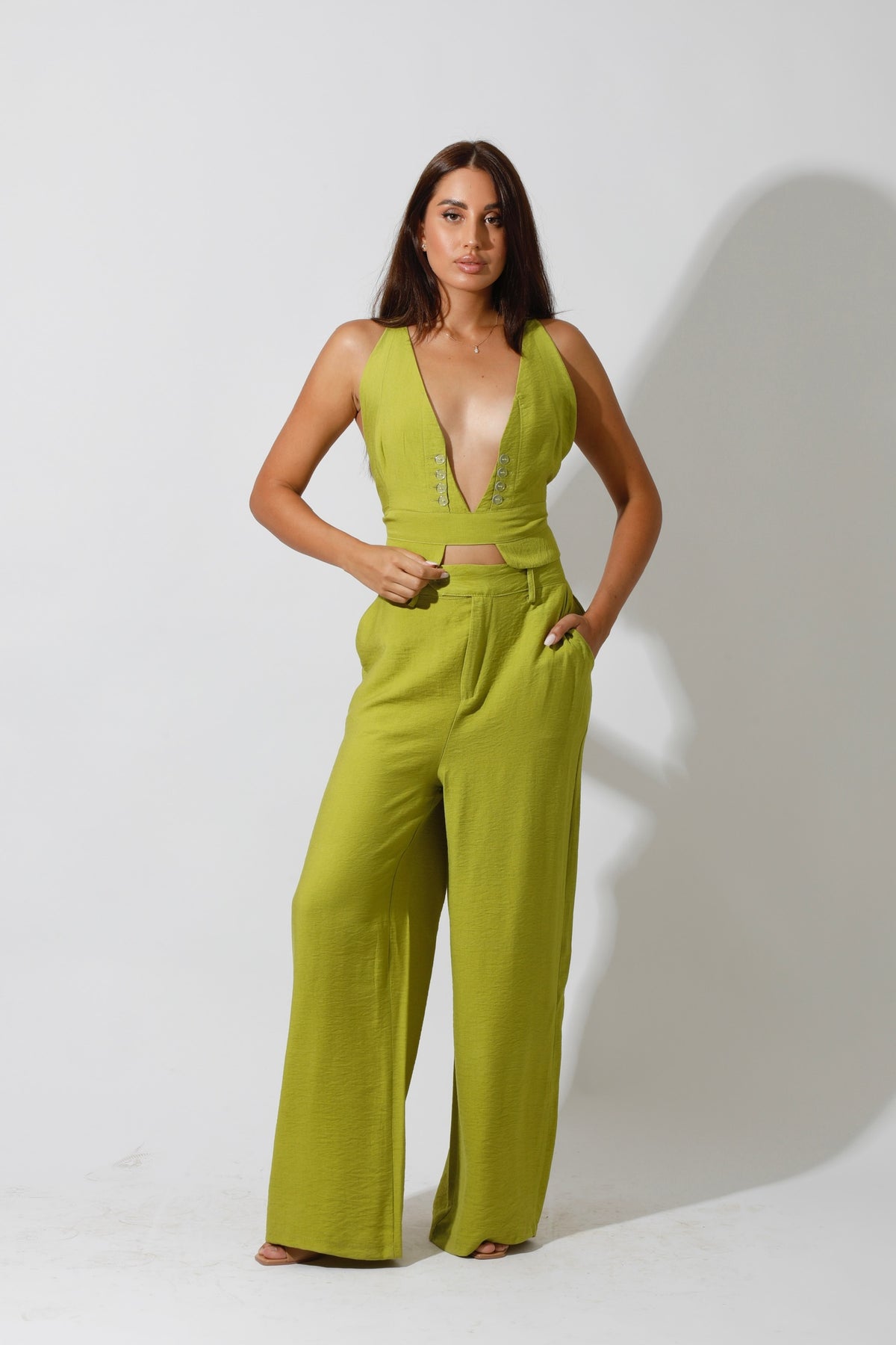 Co-Ord Front Slit Top & Trousers - kiwi Green