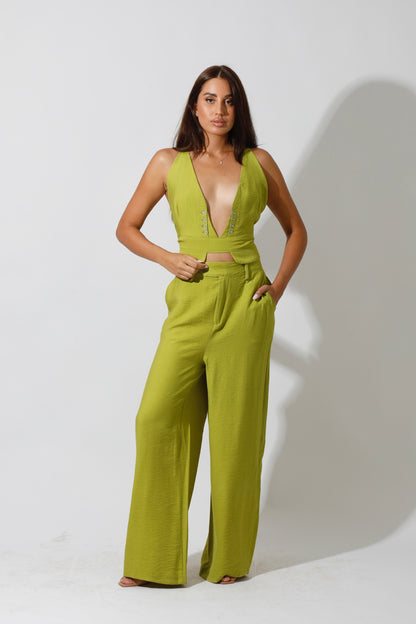 Co-Ord Front Slit Top & Trousers - kiwi Green