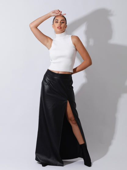 Leather Front Slit Skirt - Black