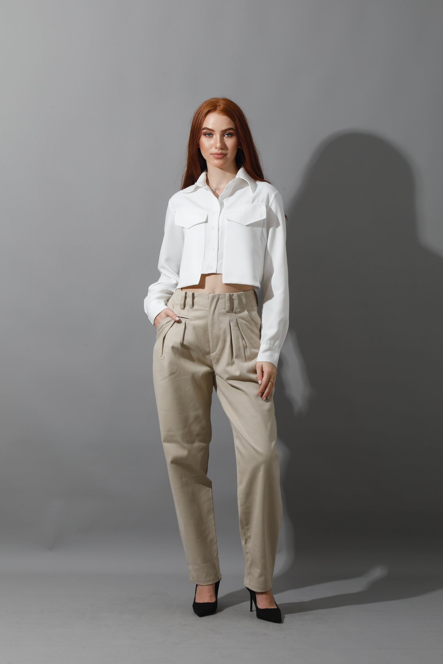 High Rise Paper-Bag Pants - Light Beige