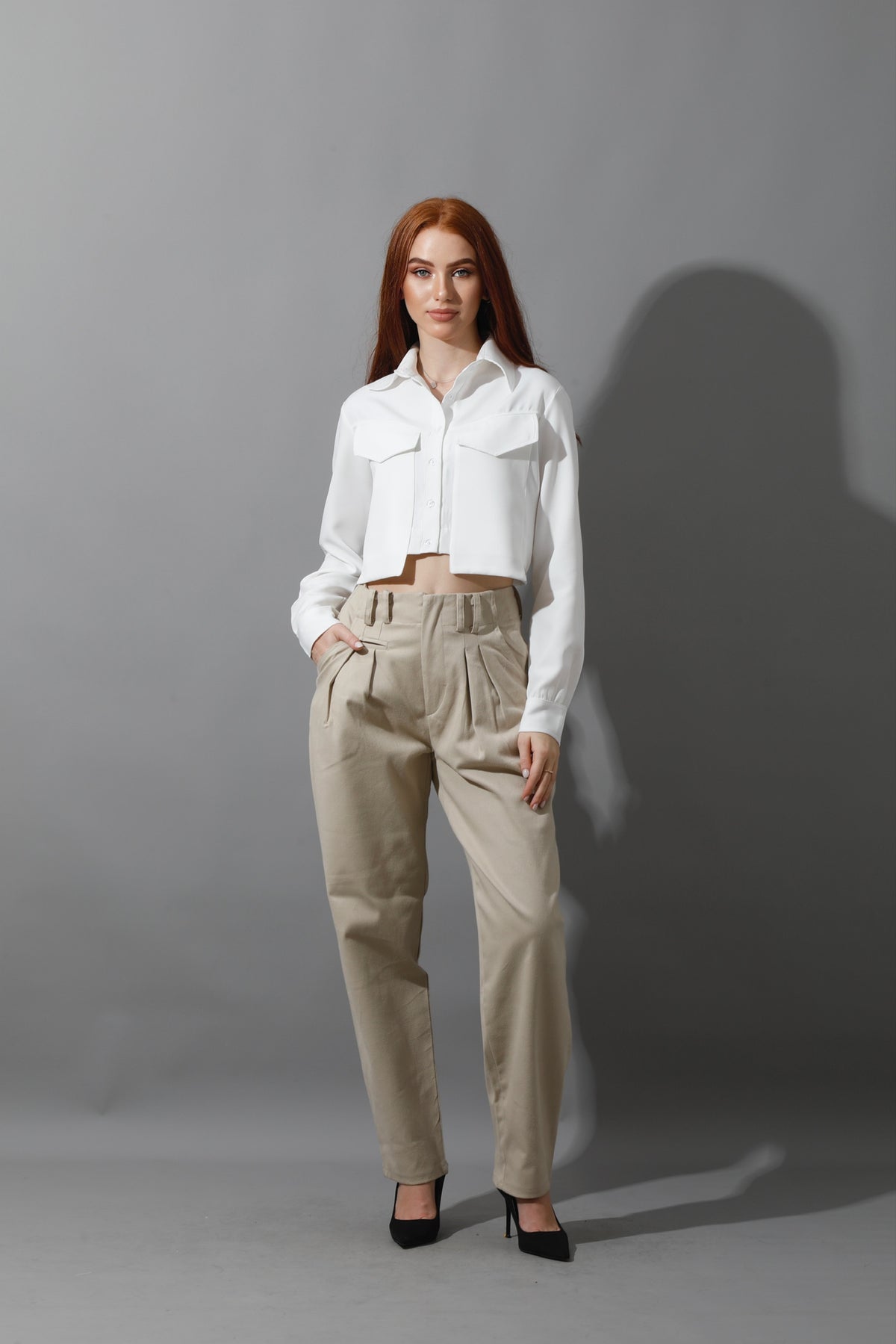 High Rise Paper-Bag Pants - Light Beige