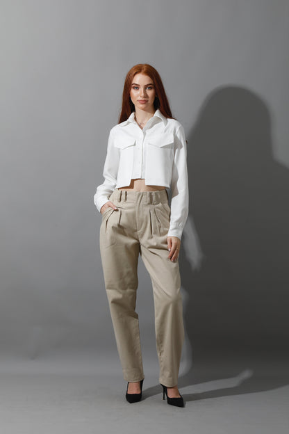 High Rise Paper-Bag Pants - Light Beige