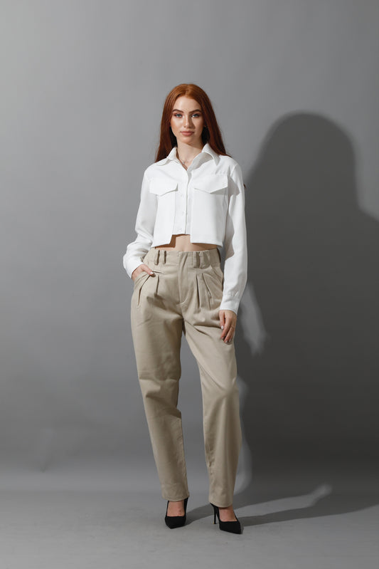 High Rise Paper-Bag Pants - Light Beige