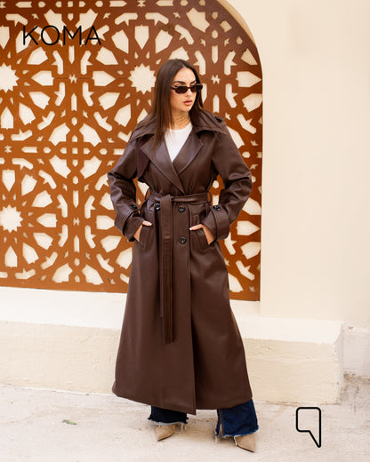 Leather Trench Coat With Suede - Brown