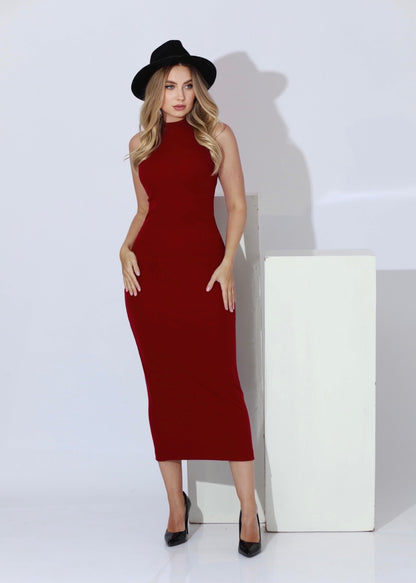 Slinky High Neck Midi Sleeveless Dress - Maroon