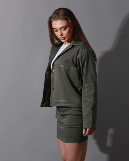 Co-Ord Gabardine Sleeves Jacket & Short Skirt - Olive