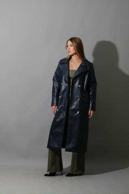 Textured Leather Coat - Navy