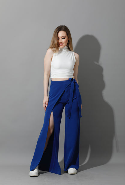 Wrap Pants With Front Slit - Electric Blue