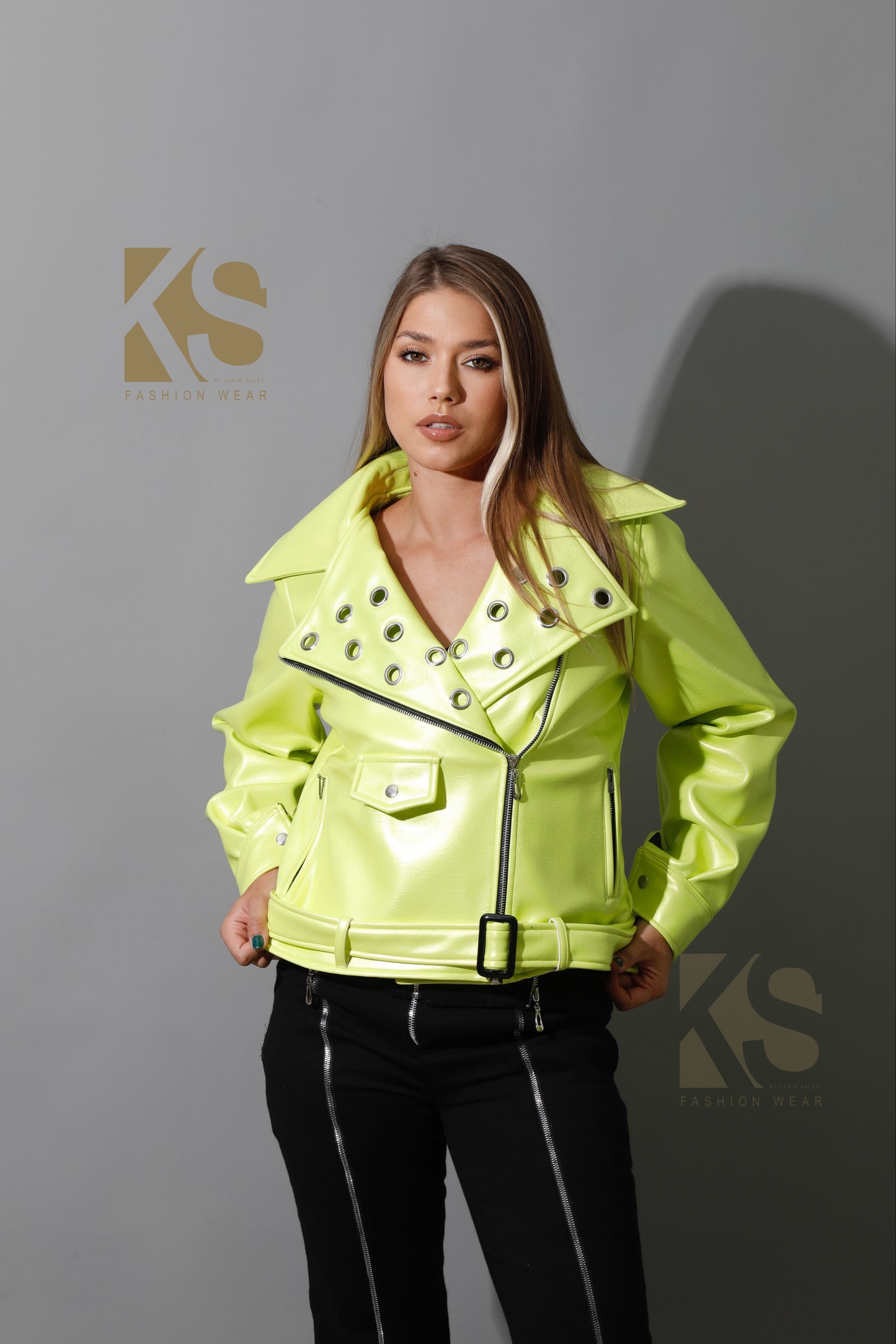 Textured Leather Biker Jacket - Lime Green
