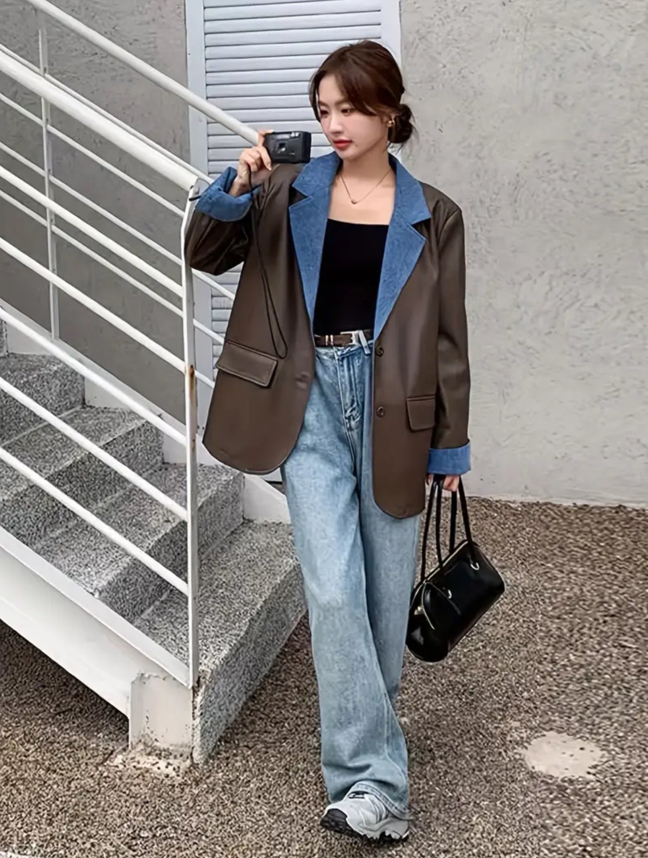 Patricia Leather Denim Patchwork Blazer - Brown