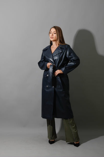 Textured Leather Coat - Navy
