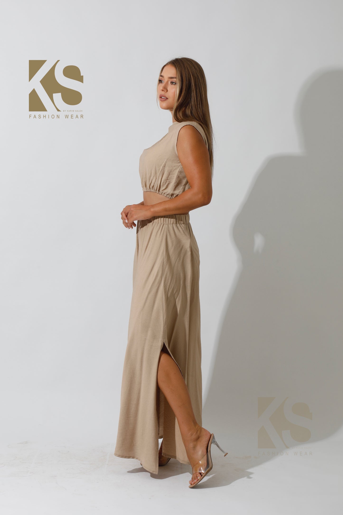 Maxi Side Slite Skirt Set - Beige