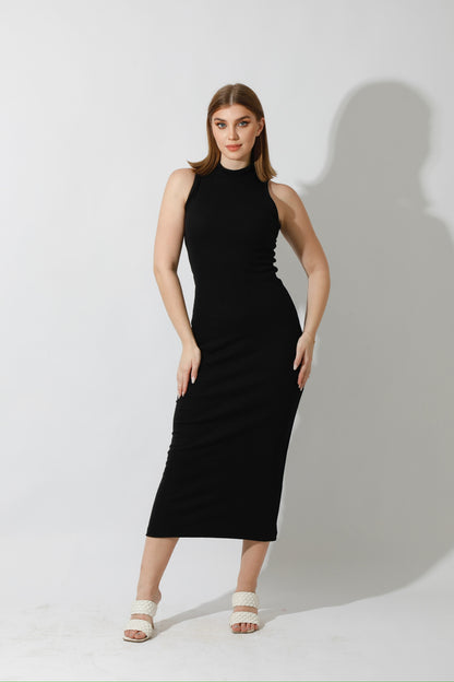 Slinky High Neck Midi Sleeveless Dress - Black